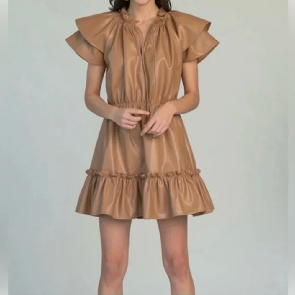 Chic Tan Ruffle Mini Dress
